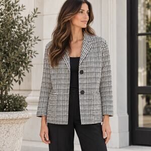 Lafayette 148 New York Jacket Womens M Black White Check Blazer Quiet Luxury